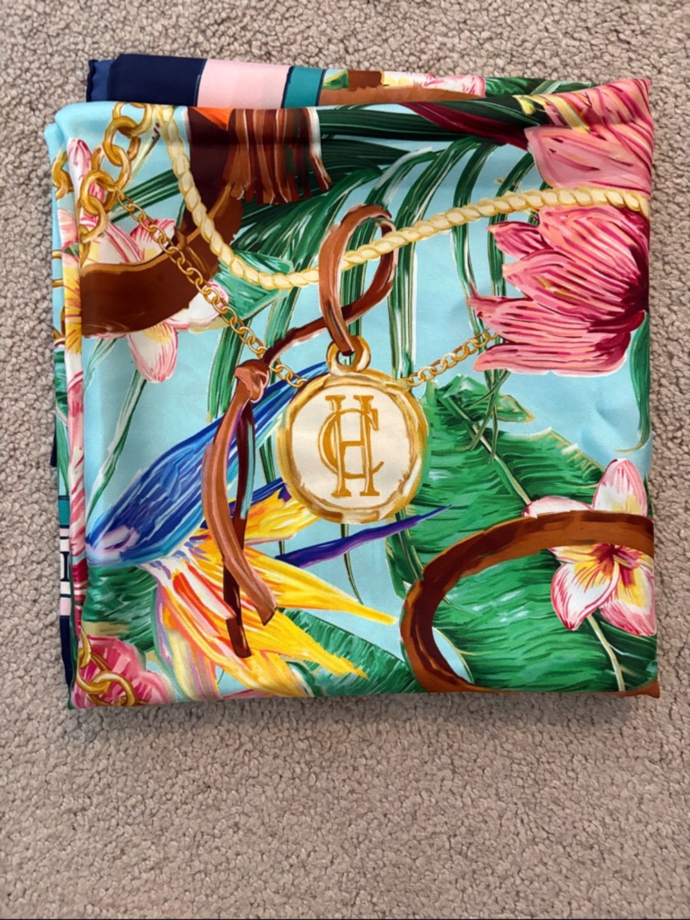 Holland Cooper Tropical Floral Silk Scarf in Aqua & Pink - Picture 6 of 6